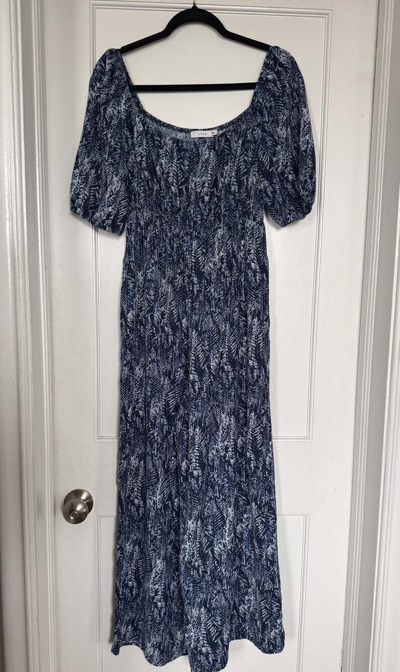 Lush Jumpsuit Blue White Fern Print Short Sleeve Smocked Pockets